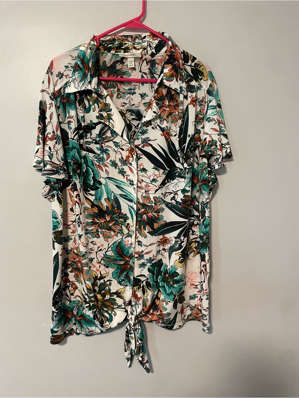 dressbarn Floral Tie-Front Button Down Shirt - Teal, Cream & Black 3x